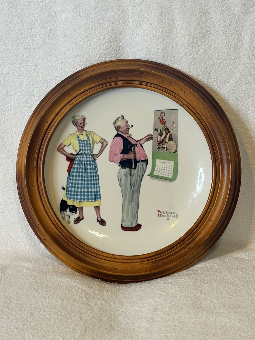 Norman Rockwell White Plate with Wood-Tone Rim